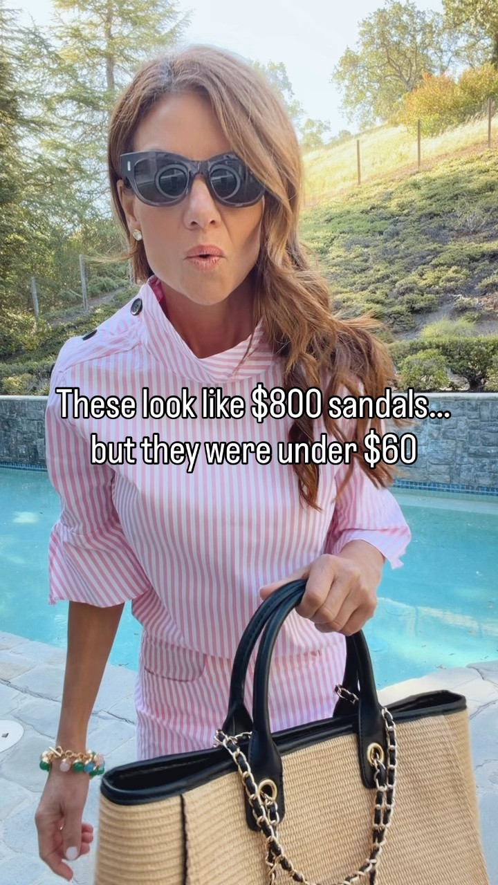 Date night spring outfit idea with pink striped set + designer-inspired sandals 💕 Lightweight matching set you can wear together or mix and match separately. Love the subtle sleeve detail and higher neckline. Paired it with Gucci-inspired mules around $60 and a chic Chanel-inspired bag under $100 for an elevated look without the designer price tag.

#LTKOver40 #LTKootd #LTKSaleAlert