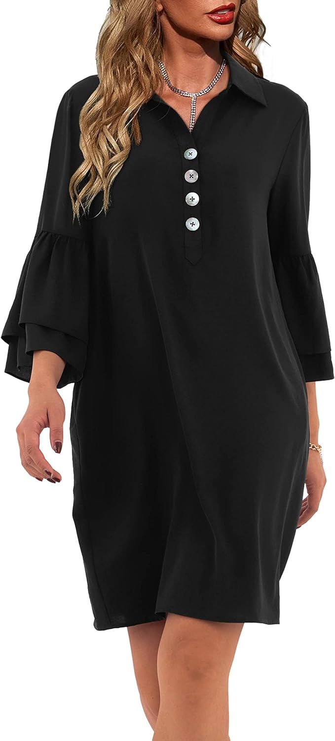 Amoretu Women's V Neck Dress Short/Long Sleeve Casual Loose Mini Dress with Pockets | Amazon (US)