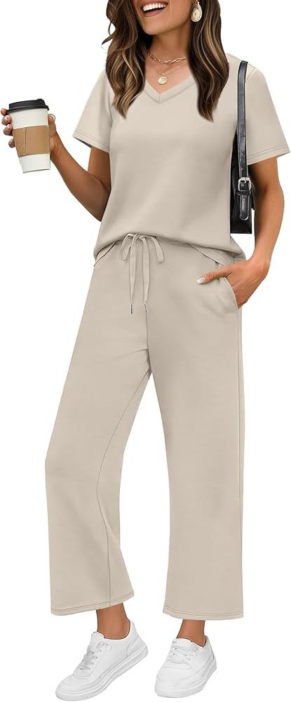 WIHOLL 2 Piece Sets for Women Summer Lounge Set Wide Leg Pants Matching Set Vacation Travel Outfi... | Amazon (US)