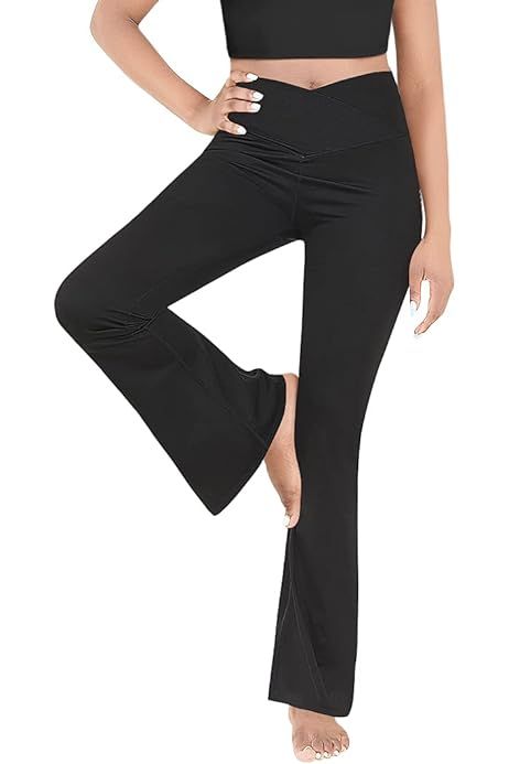 Puedizux Women Cross Waist Flare Yoga Pants High Waisted Bootcut Wide Leg Workout Leggings | Amazon (US)
