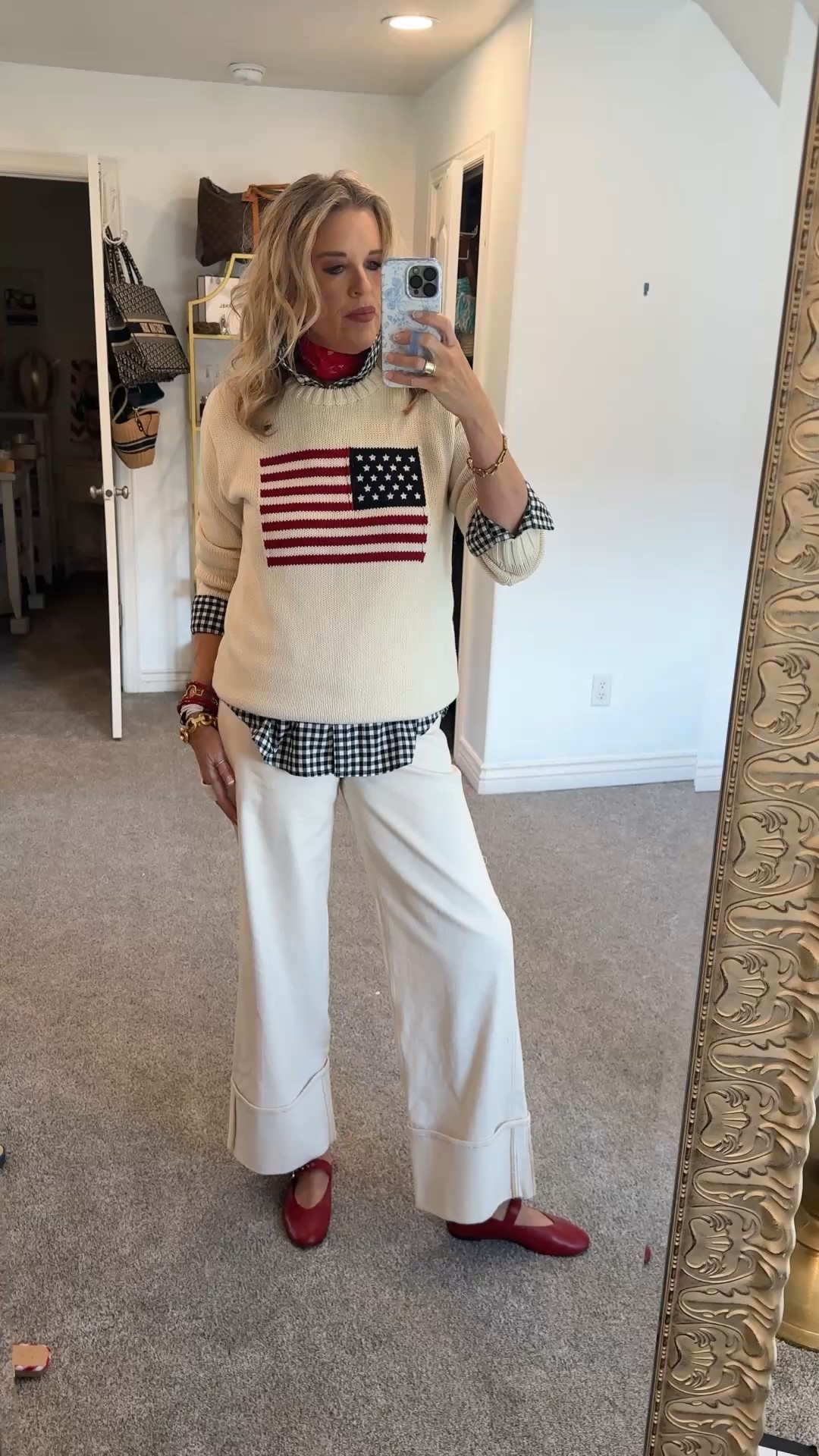 🇺🇸❤️💙
Patriotic/coastal vibe

Perfect for memorial weekend and 4th of July…

It’s all about fun layers that bring things flag sweater to life🇺🇸

Layered look you’ll need:

-Flag Sweater I’ve linked several similar starting at $22 SALE and up (mine is no longer available)

- jeans , pant or shorts
I am wearing cream  jeans, wide leg with large cuff- fit ttt in a 27

- Gingham button up - I am wearing cream jeans an Amazon find fits tts 

- Red neck scarf for an extra pop of color

- Red Mary Jane’s (mine are Madewell

-gold chunky hoop earring (mine are Lisi lurch) 
 
- Stack of Bracelets (mine are a mix of Budha girl (red) and Julie Vos and a anchor navy & white top bracelet I purchased  in the BVI.  

❤️💙I found a great red white and blue stack from Allie and Bess that I linked- save 20% with code: DARCY20