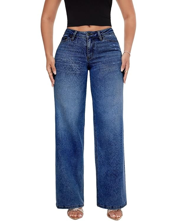 ONESO Mid-Low Rise Baggy Jeans Wide Leg for Women Distressed Pants Stretchy Bottom Lady Basic Com... | Amazon (US)