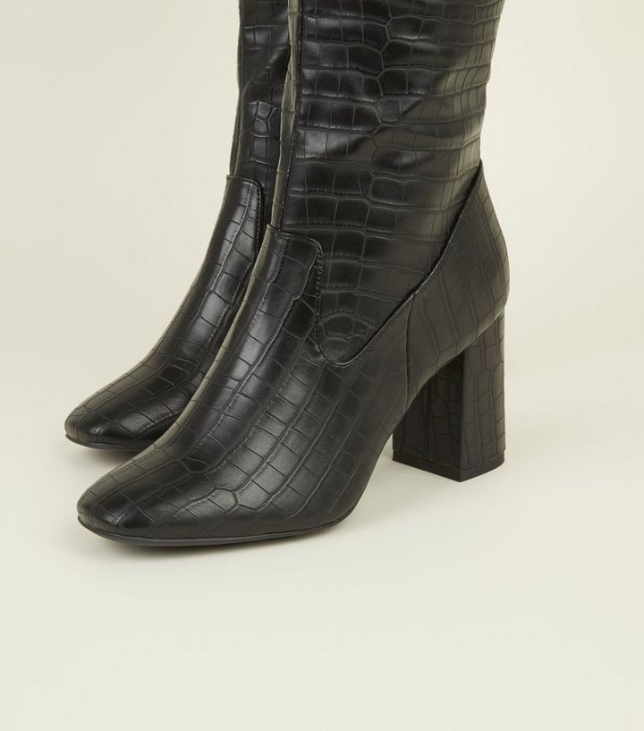 Black Faux Croc High Leg Heeled Boots Add to Saved Items Remove from Saved Items | New Look (UK)