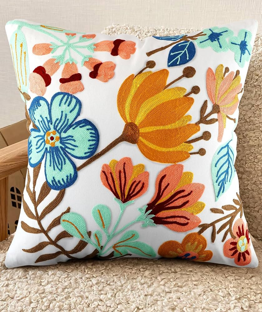 Embroidered Throw Pillow Cover - 18x18 Outdoor Decorative Pillow Covers with Zipper for Couch Sof... | Amazon (US)