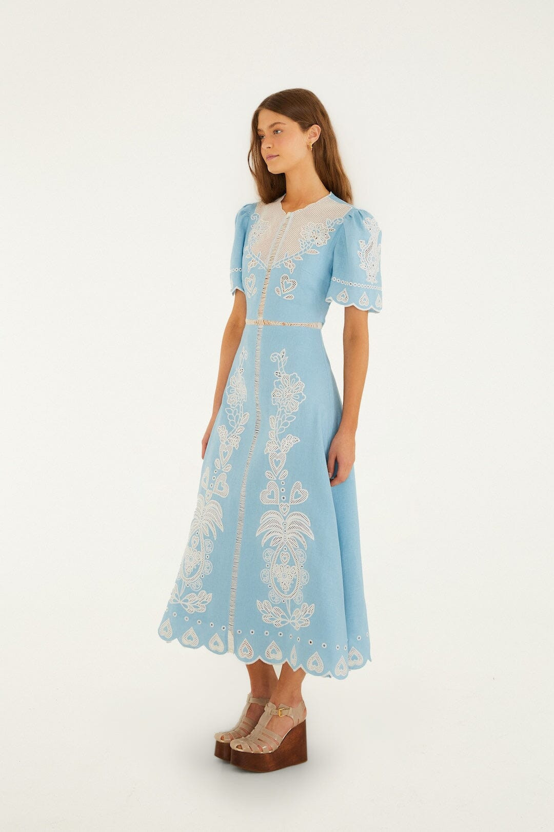 Light Blue Embroidered Euroflax Premium Linene Midi Dress | FARM Rio | FarmRio (US)