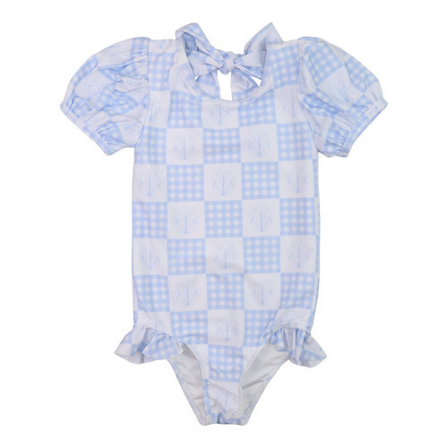 Blue And White Checked Floral Lycra Swimsuit | Cecil and Lou