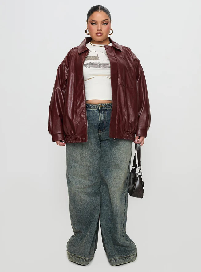 Devija Faux Leather Jacket Burgundy Curve | Princess Polly US