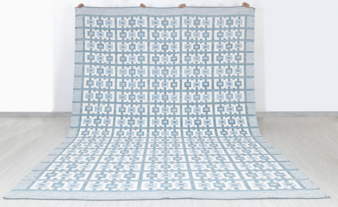 Ivory Blue Scandinavian Design High Quality Hand Woven Flatweave Kilim Modern Boho Geometric Rug,... | Etsy (US)