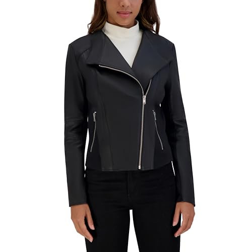Andrew Marc Women's Asymmetrical Felix Leather Moto Jacket, Black, Small | Amazon (US)