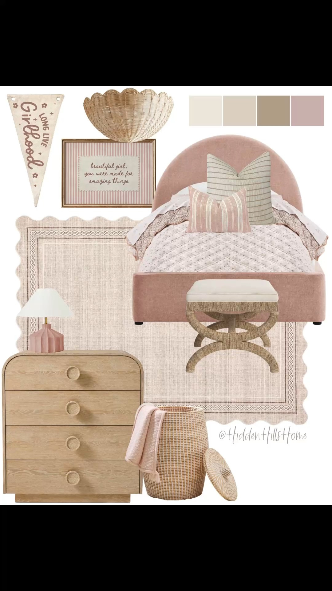 Girls bedroom decor mood board, girls room design, home decor ideas, home inspiration, twin bed, pink girls room, kids bedroom