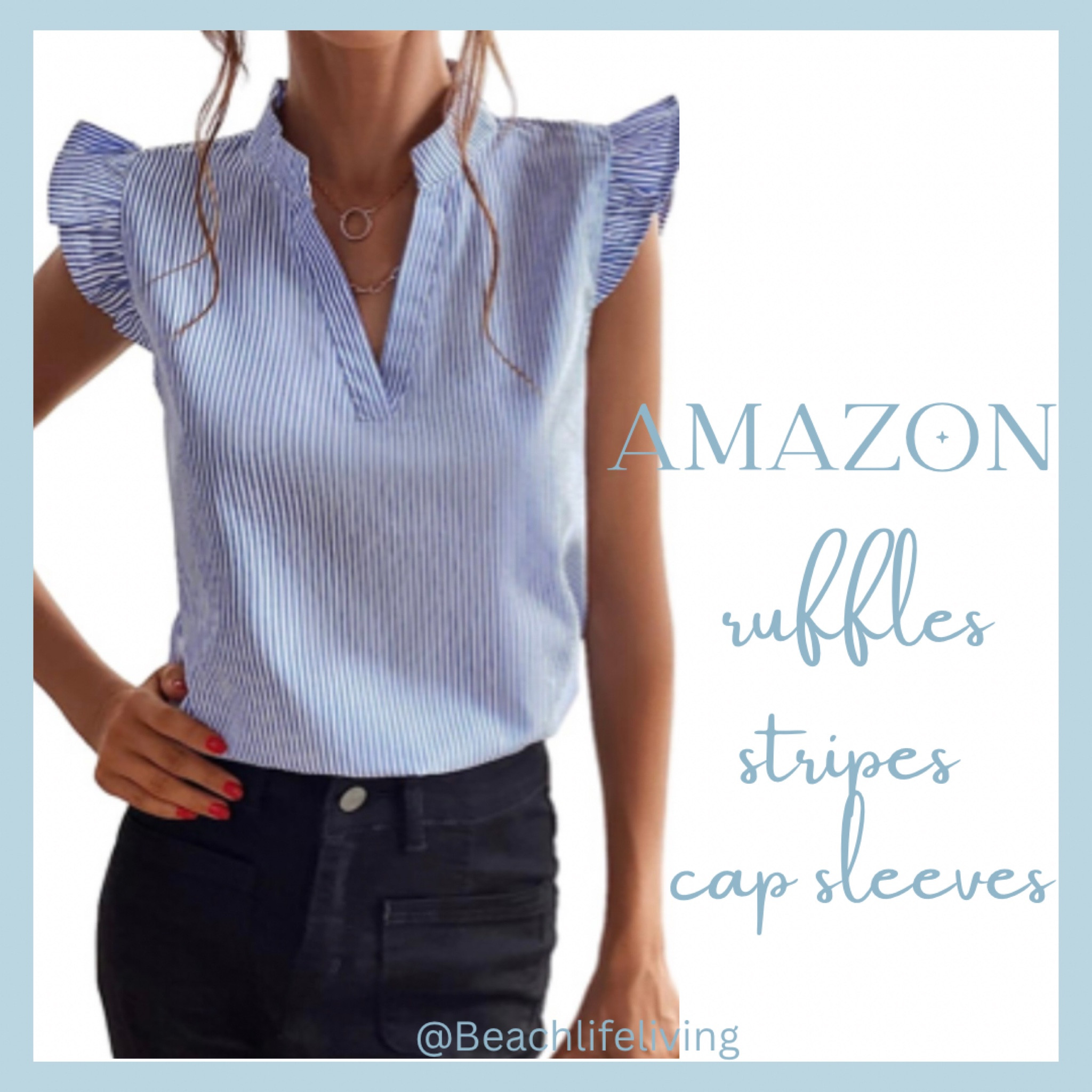 Ruffle stripes and cap sleeves 
Women’s Striped Notched V Neck Ruffle Cap Sleeve Shirt 

#LTKStyleTip #LTKSaleAlert #LTKFindsUnder50
