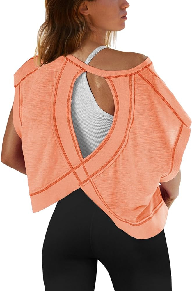 SENSERISE Womens Open Back Workout Tops Backless Short Sleeve Athletic Shirt Running Crop Top Gym... | Amazon (US)