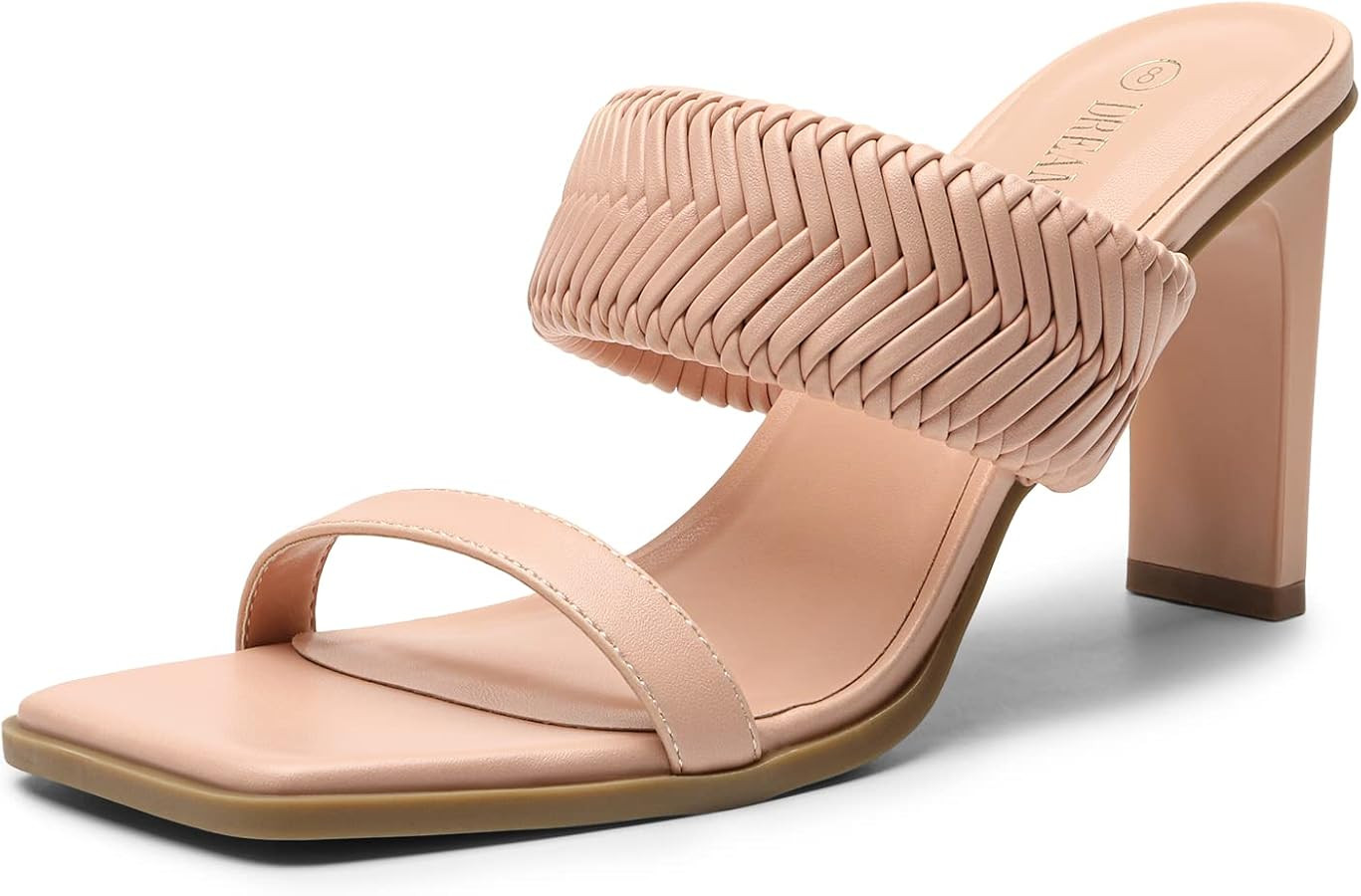 DREAM PAIRS Women's Square Toe Heels for Women Braided Open Toe Two Strap Slip on Heels Chunky Mu... | Amazon (US)
