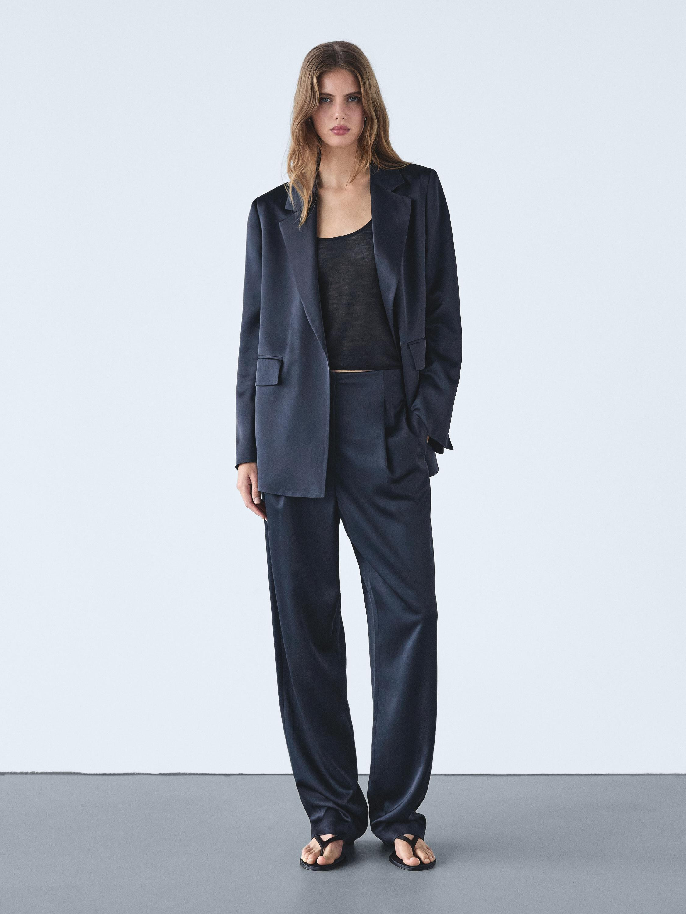 Straight-leg satin trousers with darts | Massimo Dutti UK
