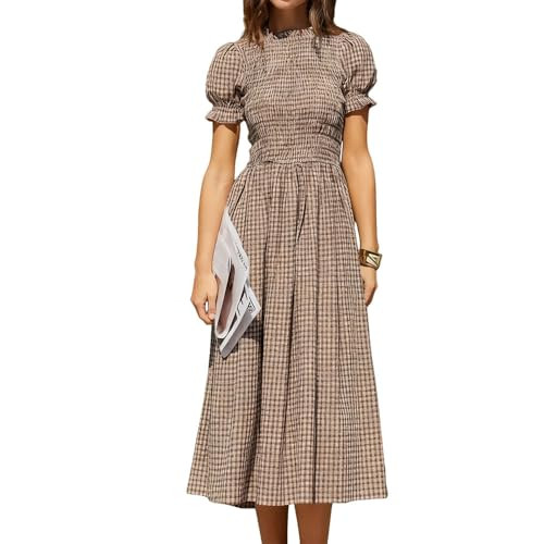 RIHOAS Women Shirred A-Line Midi Dress Summer Dresses Puff Short Sleeve Smocked Flowy Ruffle Boho... | Amazon (US)