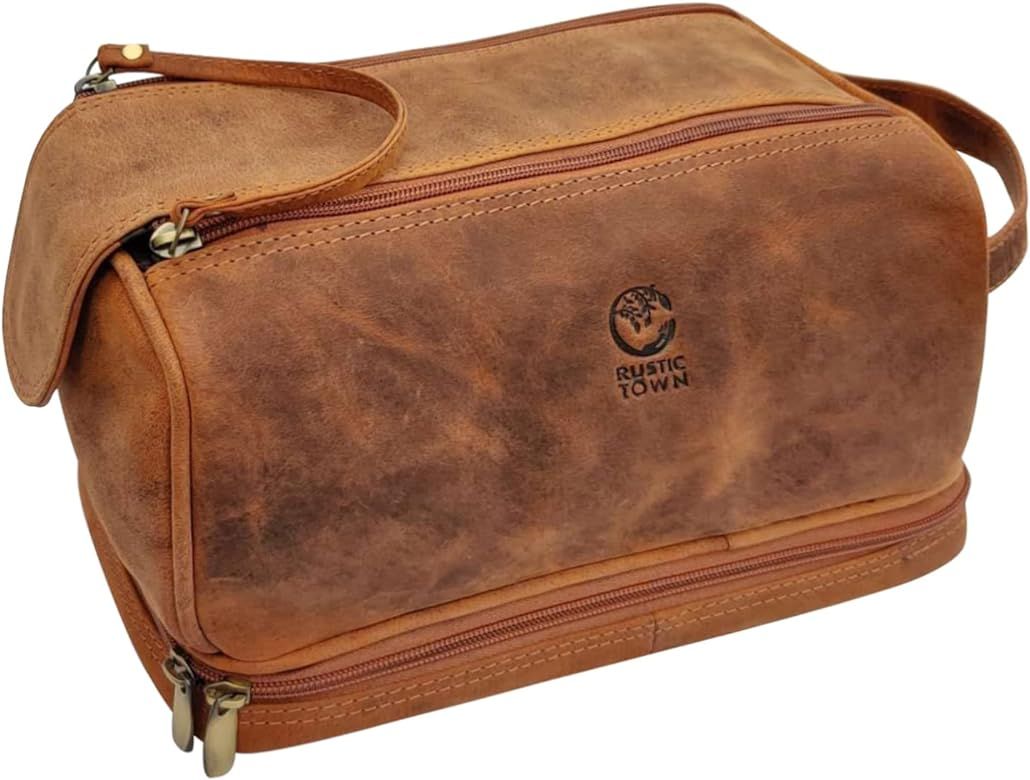 RUSTIC TOWN Genuine Leather Travel Toiletry Bag - Dopp Kit Organizer (Brown) | Amazon (US)