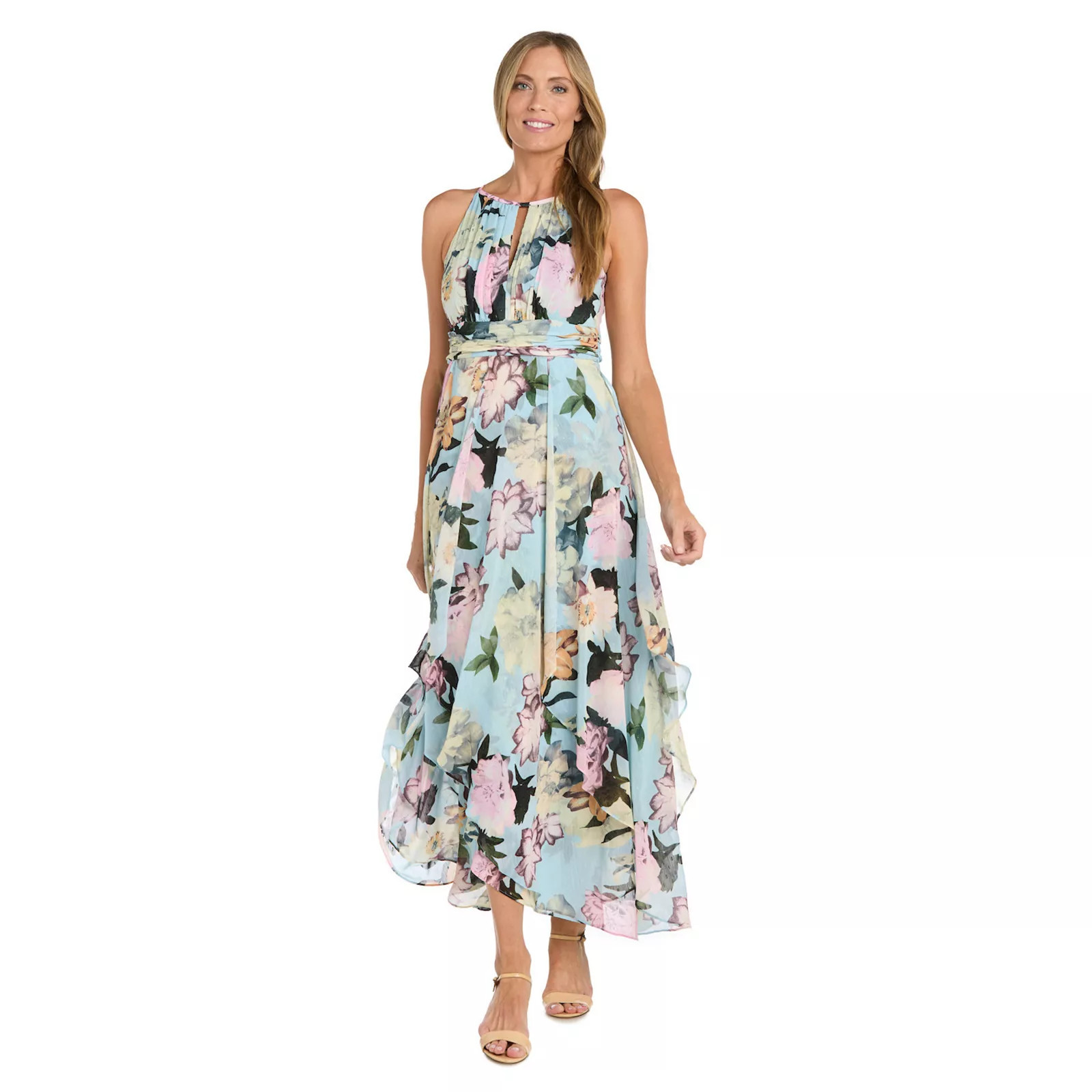 Women's R&M Richards Long Floral Printed Metallic Keyhole Halter Dress, Size: 12, Blue | Kohl's