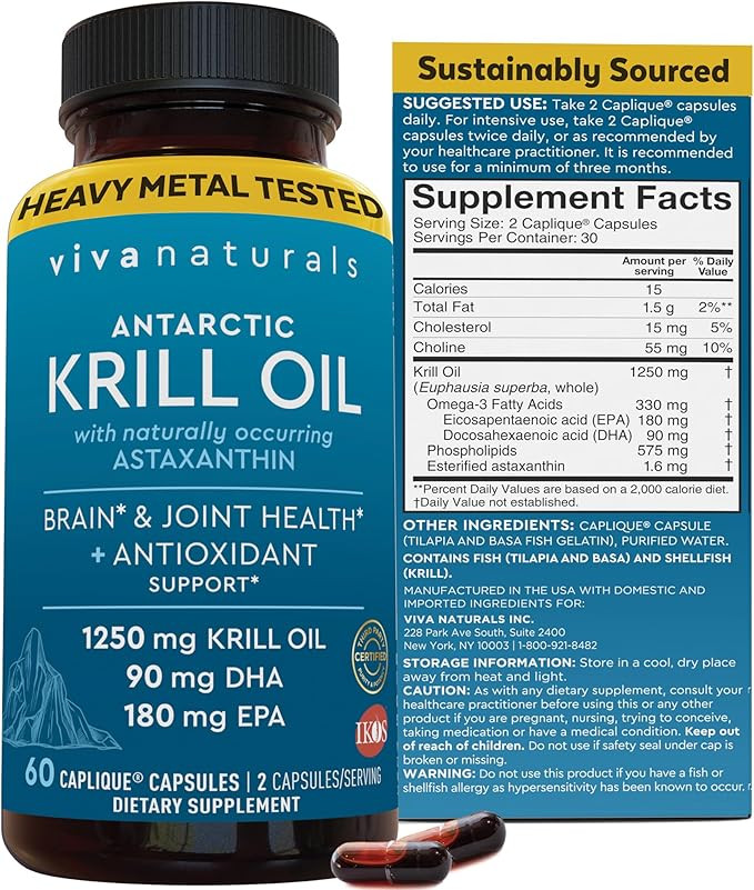 Amazon.com: Viva Naturals Antarctic Krill Oil Omega 3 Supplements 1250 mg - DHA EPA Omega-3 & Ast... | Amazon (US)