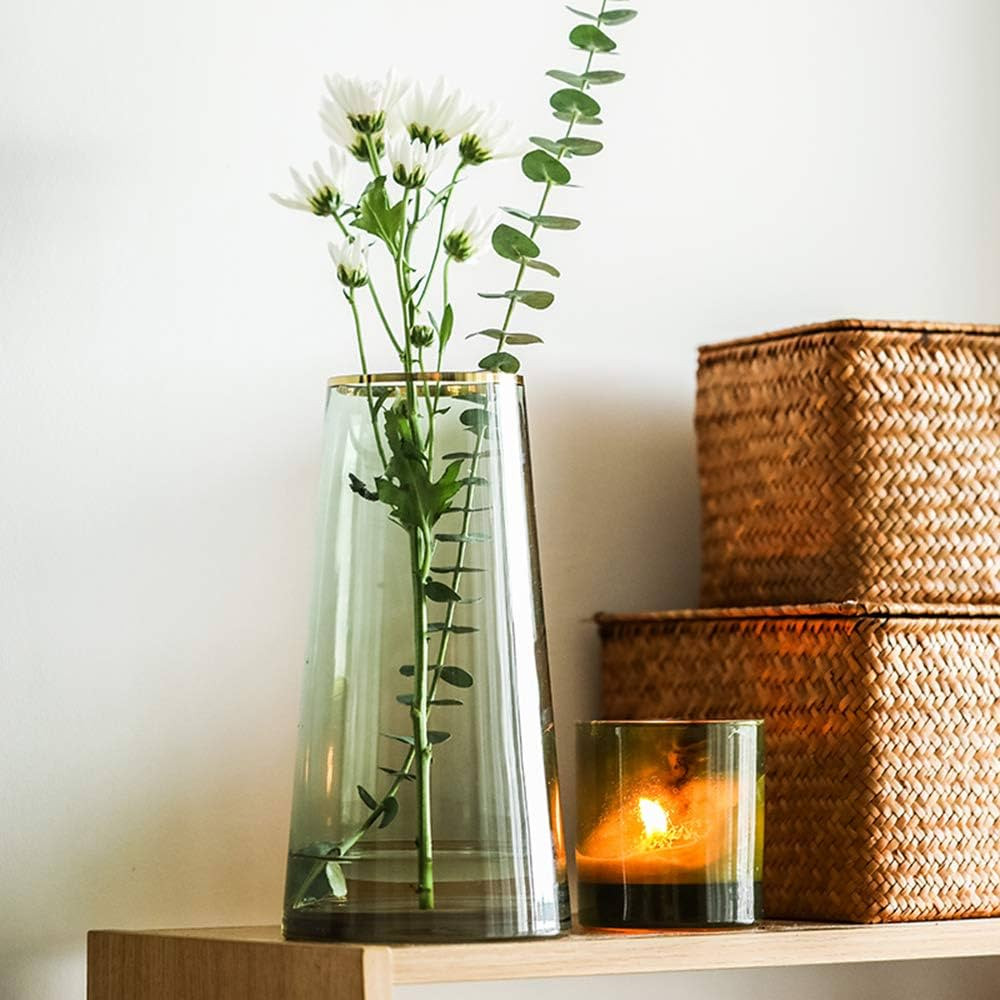 Green Glass Flower Vase with Gold Mouth for Centerpieces Home Wedding Decoration (1, Small) | Amazon (US)