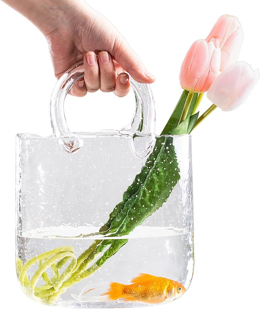Glass Purse Vase for Flowers,Unique Flower Vase,Handmade Vases Contain Beautiful Bubbles, Vases f... | Amazon (US)