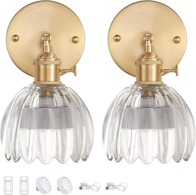 Vintage Battery Operated Wall Sconce with Transparent Tulip Glass Lampshade Rechargeable Battery ... | Amazon (US)