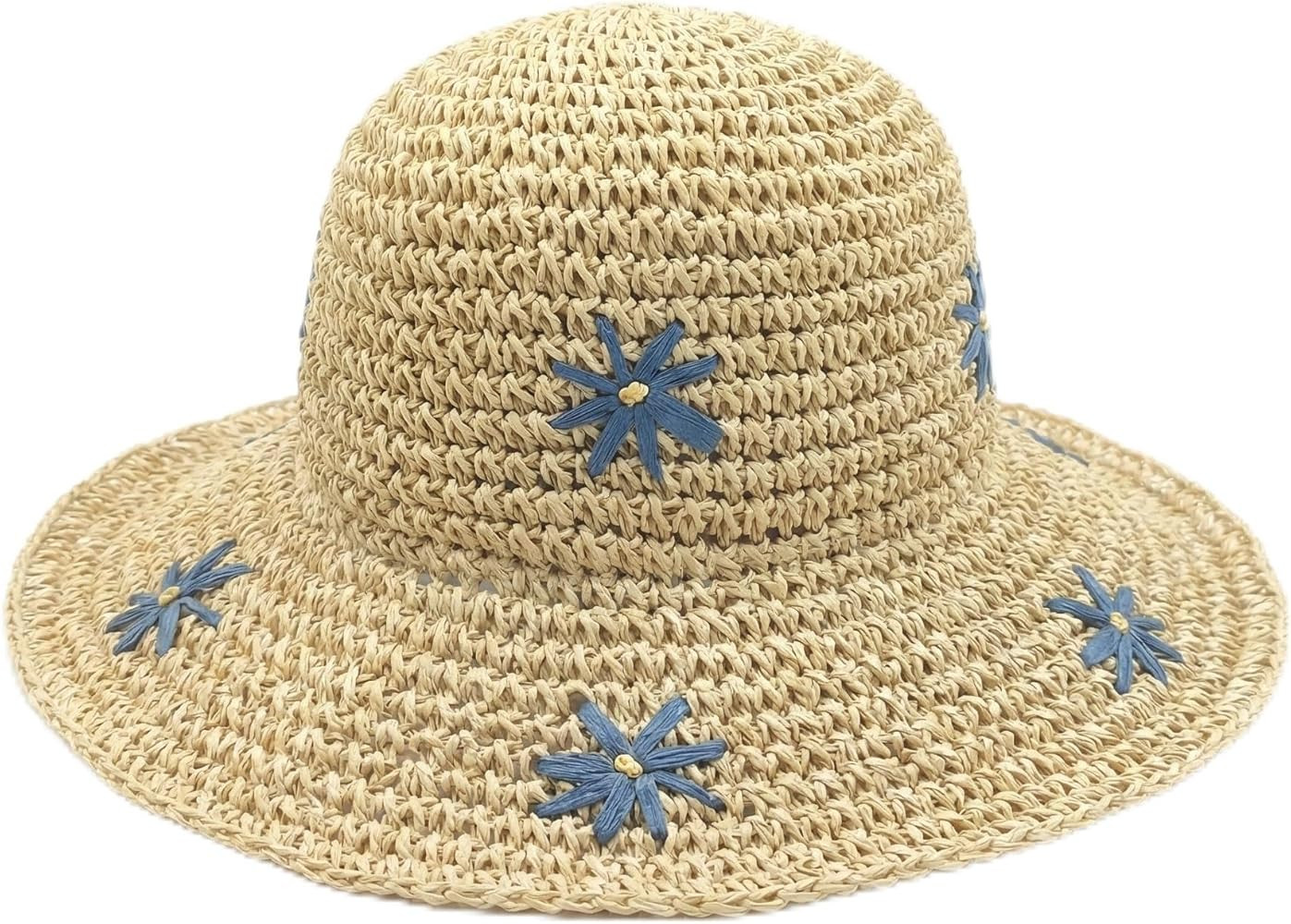 Women's Wide Brim Straw Sun Hat with Floral Embroidery, Foldable Beach Hat with Adjustable Chin S... | Amazon (US)