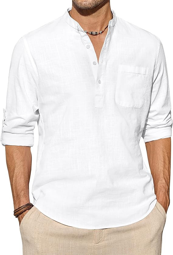 J.VER Men's Linen Roll Up Long Sleeve Shirt Cotton Casual Beach Shirts Henley T-Shirt Band Collar... | Amazon (US)