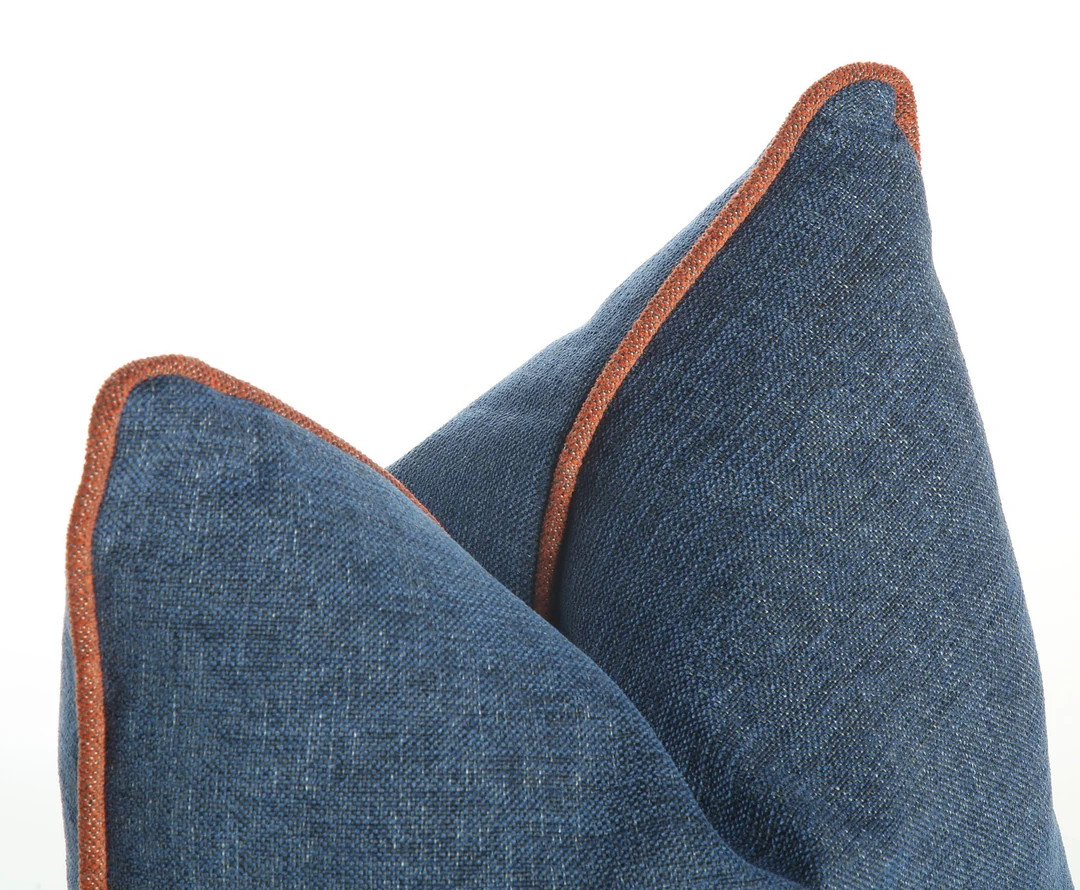 Blue Pillow with Terracotta Pipping Linen Throw Pillows Pipping Pillowcase Blue Linen Pillow Deco... | Etsy (US)