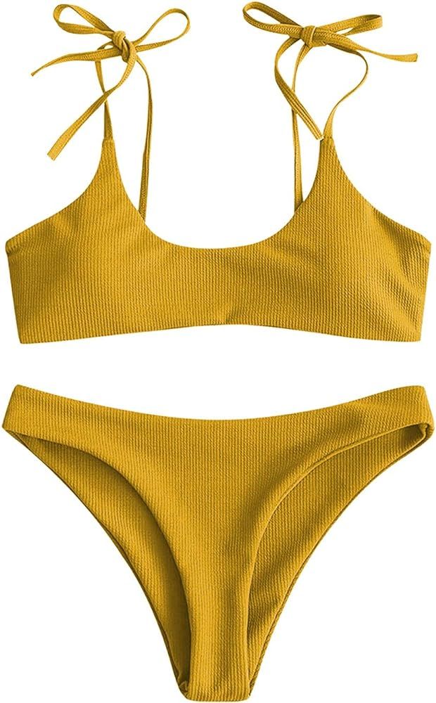 Amazon.com: Sechico Women Tie Shoulder Ribbed Bikini Set Padded Strap Swimsuit (1_Gold, Medium) :... | Amazon (US)