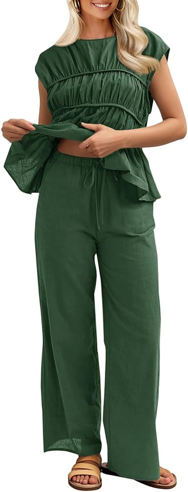 Tankaneo Womens 2 Piece Sets Summer Linen Babydoll Peplum Pleated Tank Top Pants Set Cotton Trave... | Amazon (US)