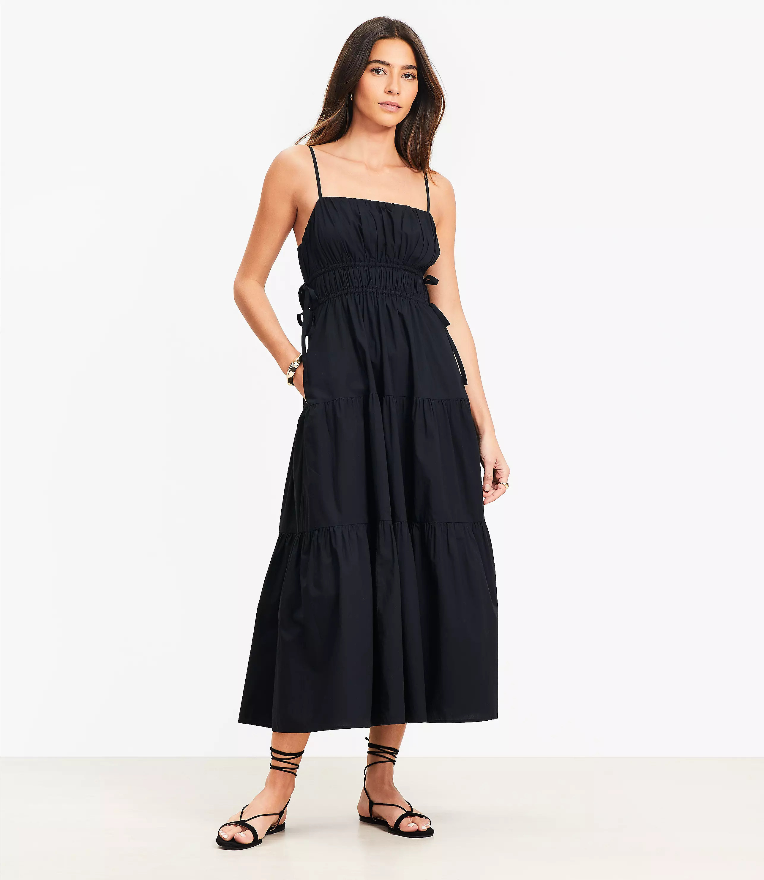 Pleated Side Tie Strappy Midi Pocket Dress | LOFT