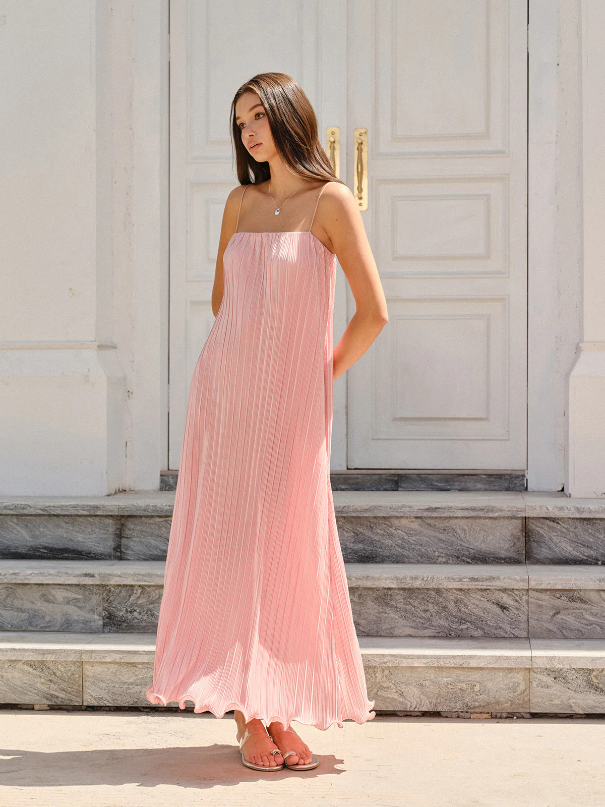 Spaghetti-Strapped Vertical-Pleated Maxi Dress | Commense