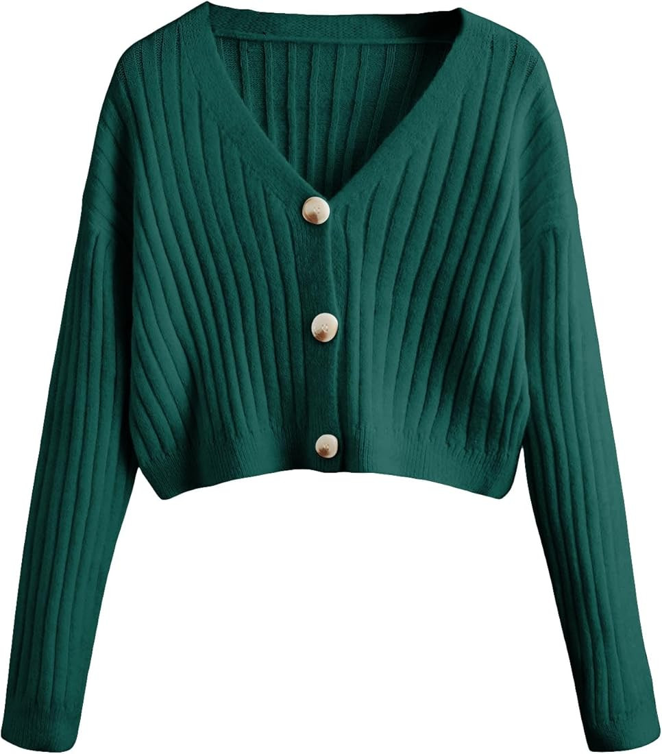 SweatyRocks Women's Long Sleeve Button Front V Neck Soft Knit Cardigan Sweaters | Amazon (US)