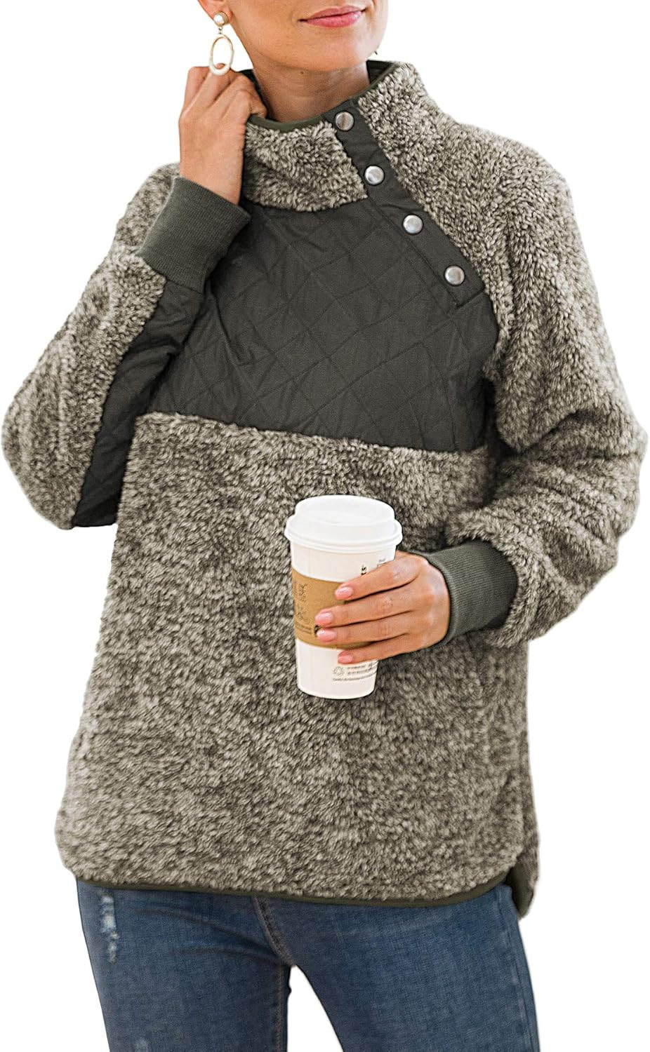 VIISHOW Women's Long Sleeves Quilt Coat Turtleneck Oblique Button Neck Fleece Pullover Coat Sweat... | Amazon (US)