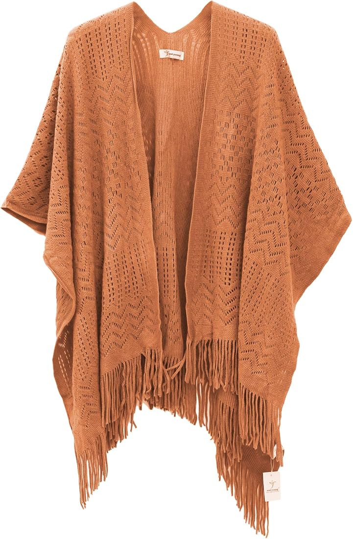 Knit Shawl Wrap for Women - Soul Young Ladies Fringe Knitted Poncho Cardigan Cape | Amazon (US)