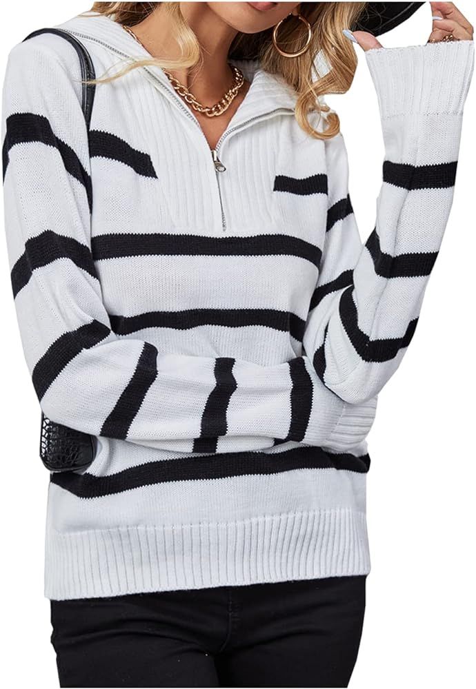 Kedera Women’s Half Zip Striped Pullover Sweaters Long Sleeve V Neck Collar Ribbed Knitted Loose Slo | Amazon (US)