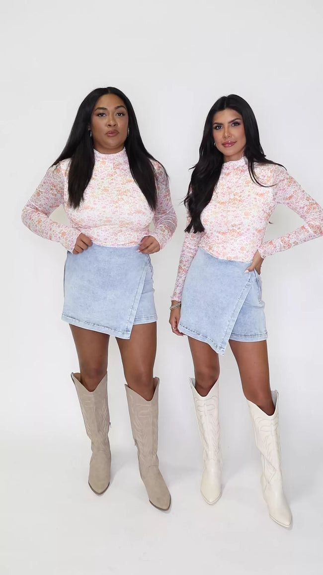 My Favorite Light Wash Acid Wash Denim Skort | Pink Lily