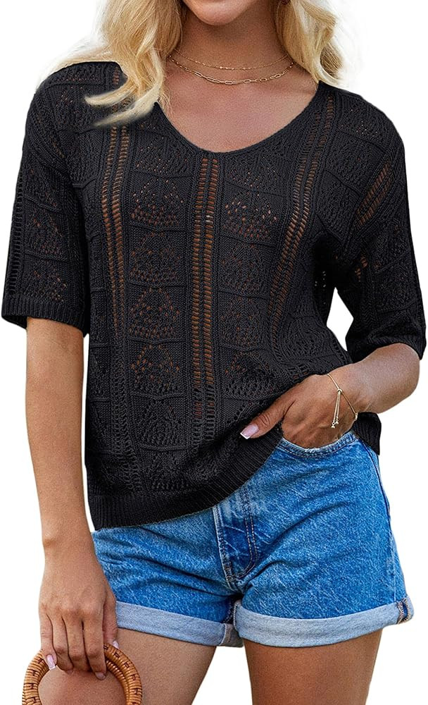 GRACE KARIN Women 2025 Summer Casual Crochet Tops Short Sleeve Sweater V Neck Hollow Out Knit Pul... | Amazon (US)