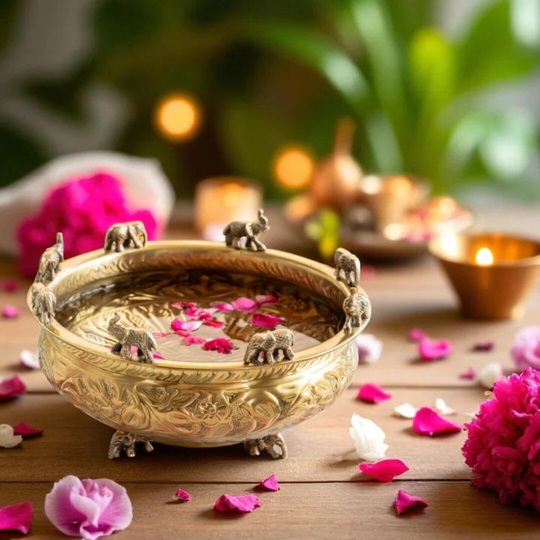 Handcrafted Pure Brass Embossed Design Urli With Elephant Statue - 15cm , Decorative Item for Diw... | Etsy (US)