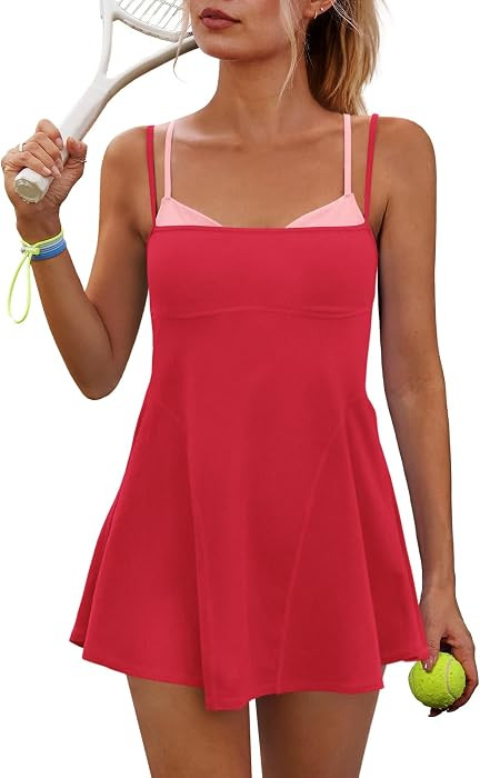Yanekop Womens Tennis Dress Athletic Dress with Shorts and Bra Golf Outfits Spaghetti Strap Workout Romper Dresses | Amazon (US)