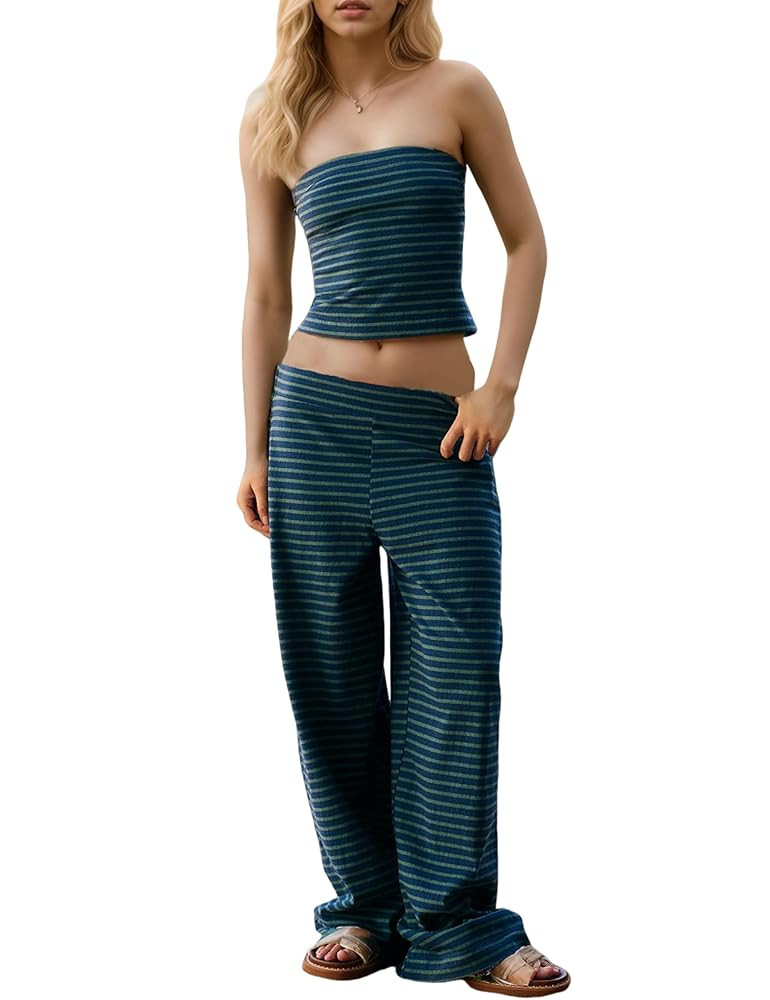 Womens 2 Piece Sets Cute Strapless Tube Tops Striped Wide Leg Pants Comfort Lounge Set | Amazon (US)