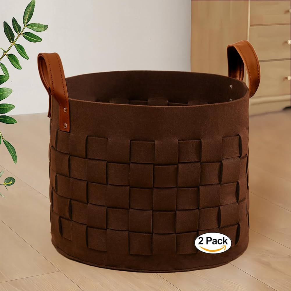Blanket Basket 15" x15 " x13 " 2 Pack, Fabric Large Basket with Leather Handle, Dirt Clothes Laun... | Amazon (US)