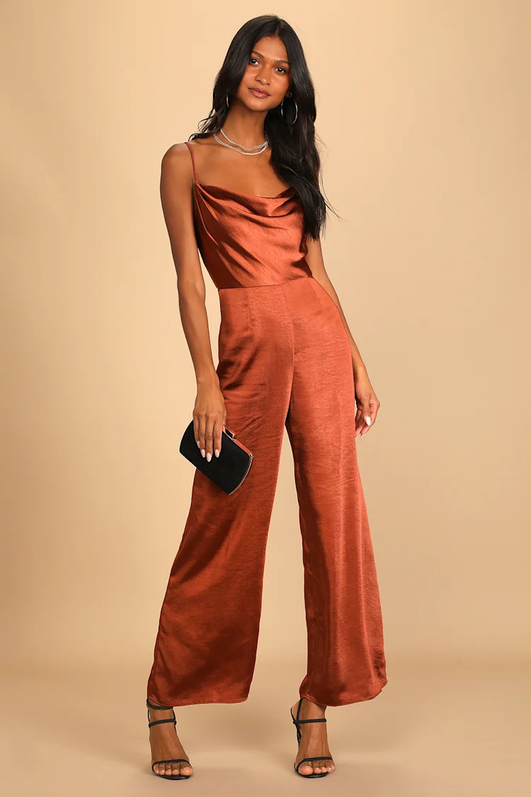 Perfect Night Brown Satin Cowl Neck Culotte Jumpsuit | Lulus (US)