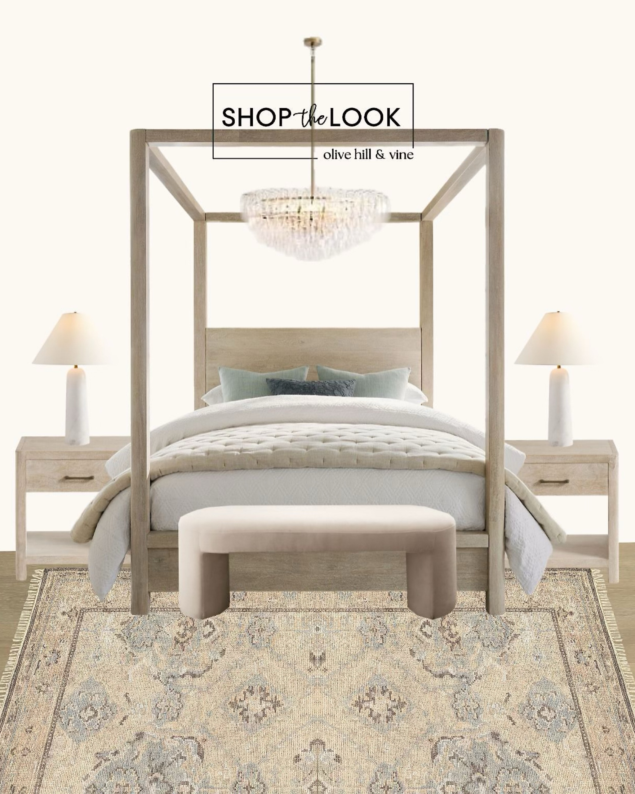 A refined take on timeless style. A four-poster canopy bed with coordinating nightstands in a sandwash finish brings effortless sophistication. A wool rug with a floral pattern, sculptural bench, vintage-inspired chandelier, and embroidered linen accents complete the look. 

#LTKStyleTip #LTKHome #LTKFamily