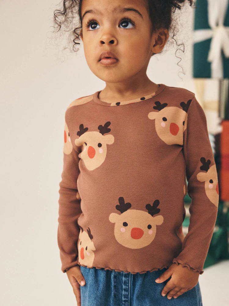 Brown Reindeer Long Sleeve Ribbed Top (3mths-7yrs) | Next US