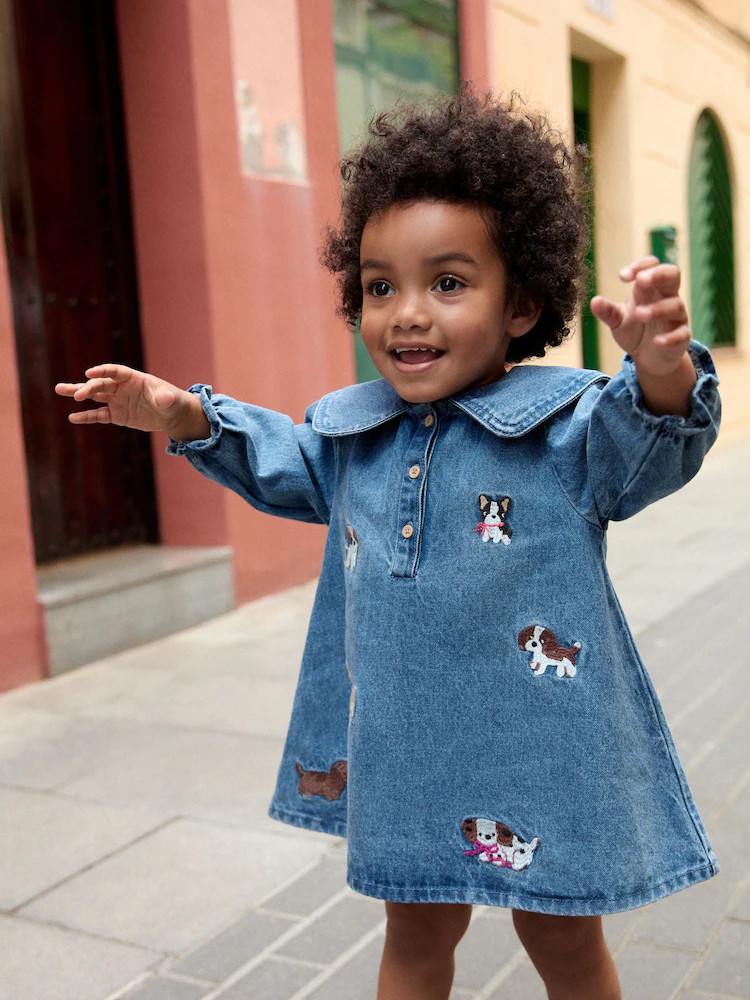 Blue Denim Embroidered Dog Character Collar Dress (3mths-8yrs) | Next US