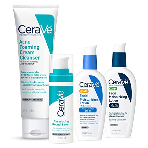 CeraVe Acne Skin Care Set | 5oz Acne Foaming Cream Cleanser + 1oz Resurfacing Retinol Serum + 2oz AM Facial Moisturizing Lotion with SPF 30 + 2oz PM Facial Moisturizing Lotion | Skin Care Routine | Amazon (US)