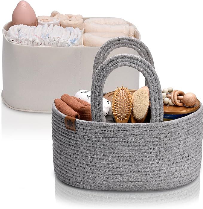 PeraBella 2-in-1 Baby Diaper Caddy Organizer for Changing Table, Cotton Rope Diaper Basket for Bo... | Amazon (US)