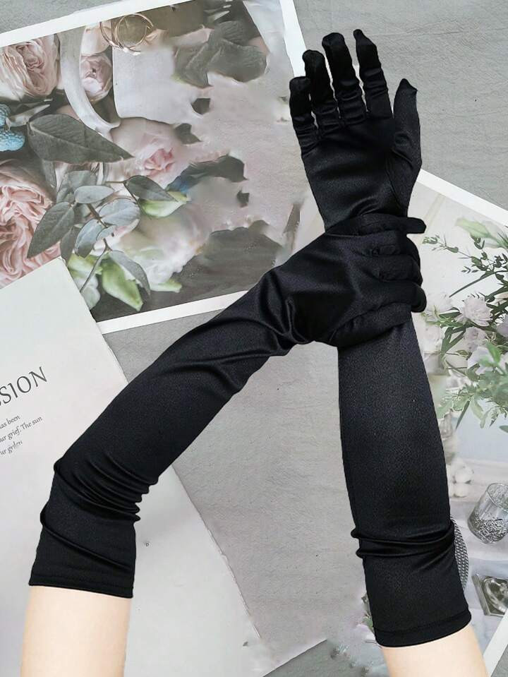 1set Women's Solid Silk & Nylon Gloves, Simple Style Bridal Gloves For Wedding Party | SHEIN