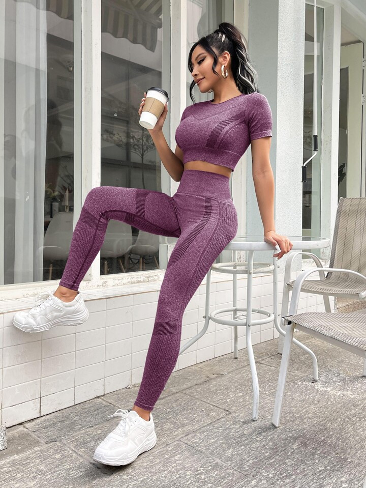 Slayoga 2pcs Seamless High Stretch Yoga Set Sports Suit Ribbed Top Scrunch Butt Wide Waistband Leggings Workout Women Set Gym Women Outfit | SHEIN